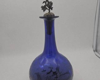 Stunning Georgian Bristol Blue floral etched mell glass decanter with grape detail stopper, c. 1830