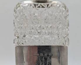 Antique English Sterling Silver Cut Glass Spirit Flask with removable cup. c. 1897 w monogram. Must see. 