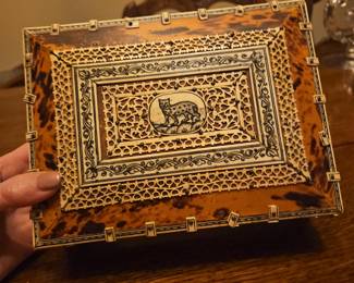 Incredible casket box with leopard detail, early 19th c
Antique Anglo-Indian Vizagapatam Sandalwood, shell, ivory Inlaid. 