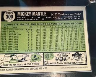 1996 Topps Mickey Mantle Commemorative Set (19 cards) also includes the Bowman Rookie Mantle reprint and comes with a quality custom wooden wall plaque engineered to hold 5 rows of encased and sealed Cards at 4 cards per row a picture of the plaque with cards will follow. The cards and plaque will be selling as a set with price to be determined.