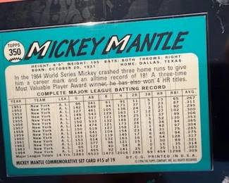 1996 Topps Mickey Mantle Commemorative Set (19 cards) also includes the Bowman Rookie Mantle reprint and comes with a quality custom wooden wall plaque engineered to hold 5 rows of encased and sealed Cards at 4 cards per row a picture of the plaque with cards will follow. The cards and plaque will be selling as a set with price to be determined.