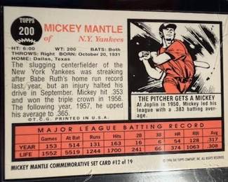 1996 Topps Mickey Mantle Commemorative Set (19 cards) also includes the Bowman Rookie Mantle reprint and comes with a quality custom wooden wall plaque engineered to hold 5 rows of encased and sealed Cards at 4 cards per row a picture of the plaque with cards will follow. The cards and plaque will be selling as a set with price to be determined.