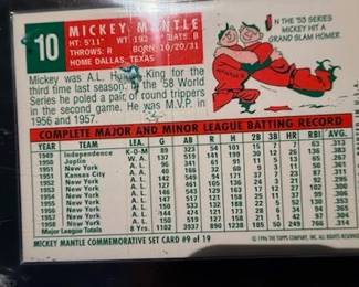 1996 Topps Mickey Mantle Commemorative Set (19 cards) also includes the Bowman Rookie Mantle reprint and comes with a quality custom wooden wall plaque engineered to hold 5 rows of encased and sealed Cards at 4 cards per row a picture of the plaque with cards will follow. The cards and plaque will be selling as a set with price to be determined.