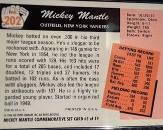 1996 Topps Mickey Mantle Commemorative Set (19 cards) also includes the Bowman Rookie Mantle reprint and comes with a quality custom wooden wall plaque engineered to hold 5 rows of encased and sealed Cards at 4 cards per row a picture of the plaque with cards will follow. The cards and plaque will be selling as a set with price to be determined.