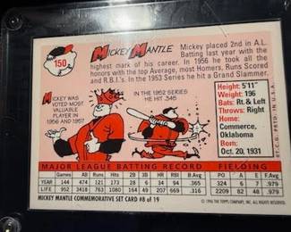 1996 Topps Mickey Mantle Commemorative Set (19 cards) also includes the Bowman Rookie Mantle reprint and comes with a quality custom wooden wall plaque engineered to hold 5 rows of encased and sealed Cards at 4 cards per row a picture of the plaque with cards will follow. The cards and plaque will be selling as a set with price to be determined.
