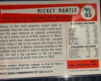 1996 Topps Mickey Mantle Commemorative Set (19 cards) also includes the Bowman Rookie Mantle reprint and comes with a quality custom wooden wall plaque engineered to hold 5 rows of encased and sealed Cards at 4 cards per row a picture of the plaque with cards will follow. The cards and plaque will be selling as a set with price to be determined.