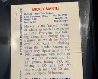 1996 Topps Mickey Mantle Commemorative Set (19 cards) also includes the Bowman Rookie Mantle reprint and comes with a quality custom wooden wall plaque engineered to hold 5 rows of encased and sealed Cards at 4 cards per row a picture of the plaque with cards will follow. The cards and plaque will be selling as a set with price to be determined.