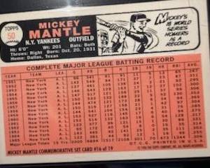 1996 Topps Mickey Mantle Commemorative Set (19 cards) also includes the Bowman Rookie Mantle reprint and comes with a quality custom wooden wall plaque engineered to hold 5 rows of encased and sealed Cards at 4 cards per row a picture of the plaque with cards will follow. The cards and plaque will be selling as a set with price to be determined.