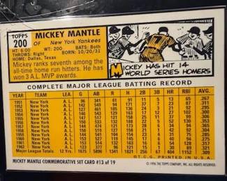 1996 Topps Mickey Mantle Commemorative Set (19 cards) also includes the Bowman Rookie Mantle reprint and comes with a quality custom wooden wall plaque engineered to hold 5 rows of encased and sealed Cards at 4 cards per row a picture of the plaque with cards will follow. The cards and plaque will be selling as a set with price to be determined.