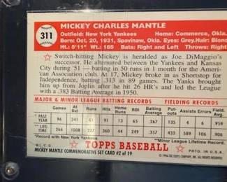 1996 Topps Mickey Mantle Commemorative Set (19 cards) also includes the Bowman Rookie Mantle reprint and comes with a quality custom wooden wall plaque engineered to hold 5 rows of encased and sealed Cards at 4 cards per row a picture of the plaque with cards will follow. The cards and plaque will be selling as a set with price to be determined.