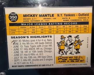 1996 Topps Mickey Mantle Commemorative Set (19 cards) also includes the Bowman Rookie Mantle reprint and comes with a quality custom wooden wall plaque engineered to hold 5 rows of encased and sealed Cards at 4 cards per row a picture of the plaque with cards will follow. The cards and plaque will be selling as a set with price to be determined.