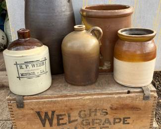 Texas stoneware : stoker, McDade, Meyer. Saenger. Louisiana jug, Welch’s grape juice crate from Arkansas