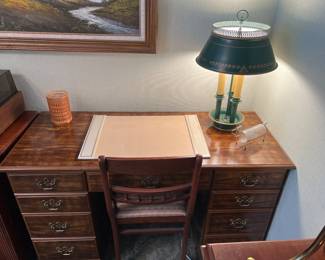 Vintage desk, coasters, tole metal lamp