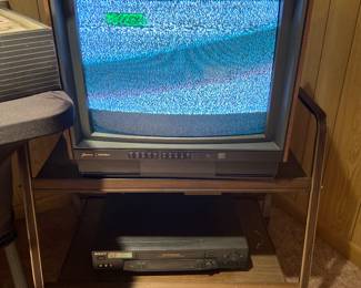 Zenith System 3 19” TV, Sony VHS Player, and TV Cart