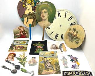 Vintage & Antique Paper Fans, Clock Face, Paper Cut Outs, Carved Bone Knife, Souvenir Spoons & More
Lot #: 109