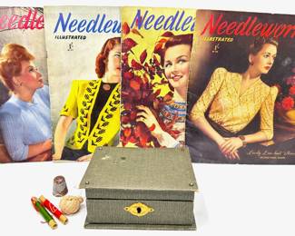 4 Vintage Needlework Illustrated Instruction Books & Small Sewing Box
Lot #: 103