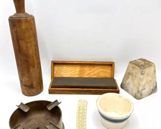 Vintage India Oilstone Sharpening Stone, Rolling Pin, Brass Ashtray, Marble Pedestal, Letter Opener & More
Lot #: 92
