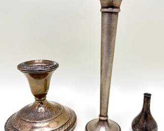 2 Vintage Weighted Sterling Silver Candle Holders & Dansk Silver Plate Onion Teardrop By Jens H. Quistgaard
Lot #: 74