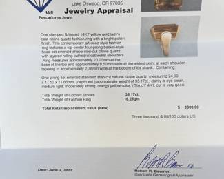 This lot features a 14k yellow gold cast citrine quartz ring with papers/appraisal from Reliant Gem Lab as shown in photos. The total weight of the ring is 16.28 grams and the weight of the stones is 35.17 ct. This ring comes in a size 5.75.

