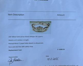 This lot features a 14k gold Leman watch with a total approx. weight of 28.5 grams. The watch is accompanied with an appraisal, is a manual wind with a 17-jewel Pathe Watch Co. movement, and runs/sets fine with safety clasp. The watch is 6.5” in length.

