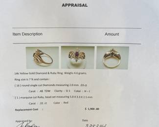 This lot features a 14k yellow gold ring with sixteen (16) round single cut genuine diamonds and one (1) marquise cut ruby. Accompanied with an appraisal, this ring comes in a size 7.75 with a total approx. weight of 4.6 grams.

