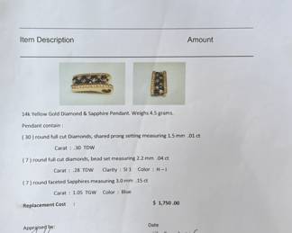 This lot features a stunning 14k yellow gold diamond & sapphire pendant on a gold-filled chain. The pendant comes with an appraisal (in the last photo). This pendant features thirty (30) round full cut diamonds measuring 1.5mm, seven (7) round full cut diamonds measuring 2.2mm, and seven (7) round faceted sapphires measuring 3.0mm. The pendant has a total approx. weight of 4.5 grams.

