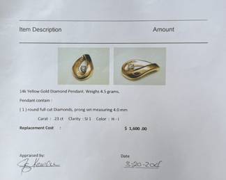 This lot features a stunning 14k gold diamond pendant with a total approx. weight of 4.5 grams. Accompanied with an appraisal, this pendant contains one (1) round full cut diamond with a SI 1 clarity, H – I color, and is .23 carat.


