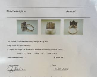 This lot features a 14k gold ring with nineteen (19) round single cut diamonds in a size 7.25 and a total approx. weight of 8.4 grams. Accompanied with an appraisal as shown in photos.

