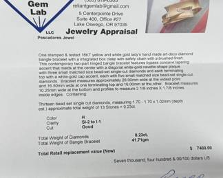 This lot features an incredible hand made 18k gold & diamond Art-Deco bangle bracelet with an integrated box clasp and safety chain. Accompanied with an appraisal from Reliant Gem Lab, this bracelet has a total approx. weight of 41.71 grams and .23 ct of thirteen (13) bead set single cut diamonds. 

