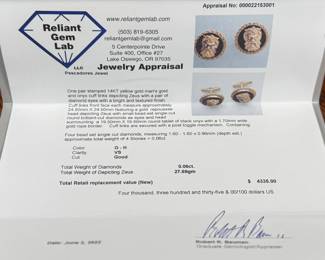 This lot features a beautiful pair of antique 14k gold & onyx cuff links depicting “Zeus” with a pair of genuine diamond eyes. Accompanied with an appraisal from Reliant Gem Lab, this pair of cuff links has a total approx. weight of 27.69 grams and .06 ct of diamonds. 

