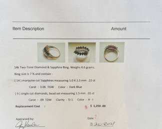 This lot features a stunning 14k gold two-tone diamond & sapphire ring. Accompanied with an appraisal, this ring comes in a size 7.75 and a total approx. weight of 4.6 grams. This ring contains fourteen (14) marquise cut sapphires and nine (9) single cut diamonds.

