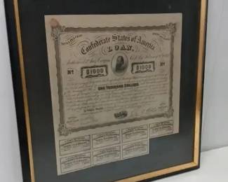 Framed Confederate States Loan Bond Certificate