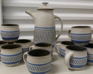 1983 Mud River Pottery Pitcher Set of 12 Cups by Susan Maslowski
