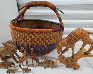 African HandCarved Animal Figurine Collection with Colorful Woven Basket