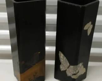Pair of Black LacquerStyle Asian Vases with Painted Accents