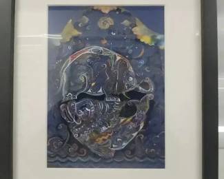 Framed Print with Intricate Blue Design Japanese, or Aborigine 