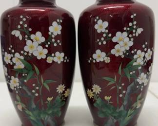 Pair of Ruby Red Japanese Cloisonne Floral Vases