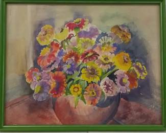 Colorful Watercolor Flowers in Glass Vase  Signed by A. Daugherty