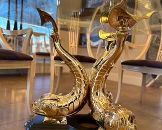 Three Brass Koi Fish / Dolphin Glass Top Dining Table. 