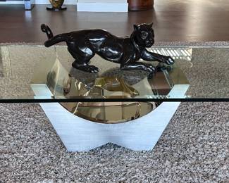 Brushed Stainless Steel, Brass, Glass Coffee Table Brueton Attributed. 60x30x16 inches.