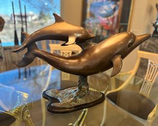 Bronze Mother and Baby Dolphin Riding a Wave. unsigned. 20x27x9 inches.