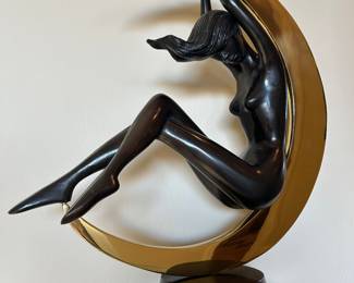 Art Nouveau Style Bronze Two Toned Metal Nude Female in Crescent Moon Sculpture. unsigned. 23 x 20 x 9 inches