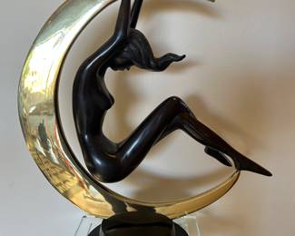 Art Nouveau Style Bronze Two Toned Metal Nude Female in Crescent Moon Sculpture. unsigned. 23 x 20 x 9 inches