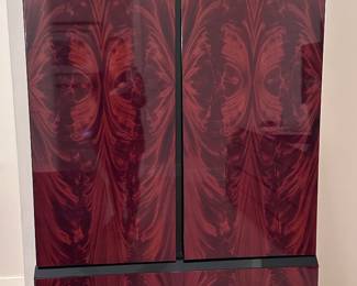 Italy, Giorgio Collection, quintessential home furnishings, Double dresser, gentleman’s standing armoire 76 inches tall, queen bed with headboard and end tables, solid hardwood, circa early 2000s