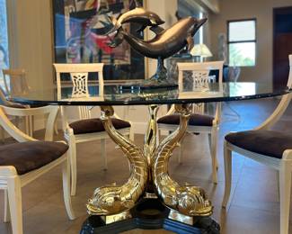 Three Brass Koi Fish / Dolphin Glass Top Dining Table. 