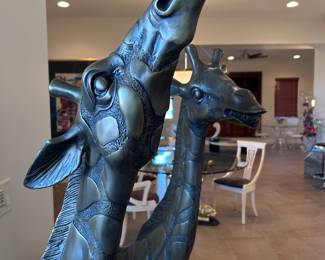After P. J. Mene (1810-1879), Giraffes, pair, signed, patinated, bronze, 5 feet tall, mid to late 20th century, 63 x 30 x 9 inches
