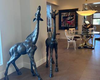 After P. J. Mene (1810-1879), Giraffes, pair, signed, patinated, bronze, 5 feet tall, mid to late 20th century, 63 x 30 x 9 inches