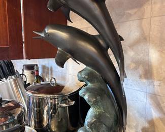 Pair Bronze Dolphins Riding the Waves. Unsigned. 