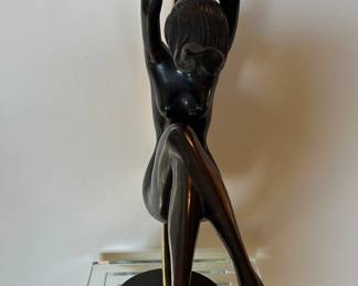 Art Nouveau Style Bronze Two Toned Metal Nude Female in Crescent Moon Sculpture. unsigned. 23 x 20 x 9 inches