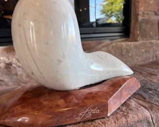 Sandor Finta (1953-2008), Sculpture, Carrera white marble, beige/golden marble base, Untitled (curve) signed S. Finta and dated 1997, 11 x 15 x 11 inches tall